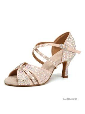 Rhinestone Satin Peep Toe Dance Shoes Flared Heel